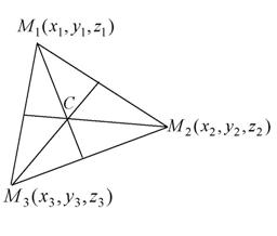 Координаты центра тяжести треугольника (С -точка пересечения медиан треугольника)