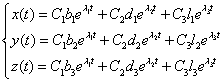 Общее решение однородной системы дифференциальных уравнений третьего порядка в случае различных действительных корней характеристического уравнения в координатном виде
